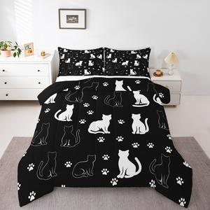 Erosebridal Комплект постельного белья Kids Cat с мультяшными котятами и черно-белым принтом, White Black
