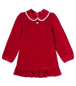 Платье из хлопкового вельвета с кружевной отделкой Dolce&Gabbana Kids, Red