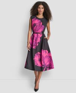 Женское миди-платье без рукавов с круглым вырезом и расклешенной юбкой DKNY, Reflection Floral