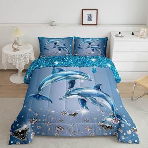 Erosebridal Комплект постельного белья Dolphin с синими стразами и морским принтом, Sliver White Blue