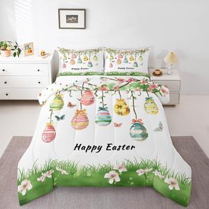 Erosebridal Комплект постельного белья Easter Egg с цветочным принтом и бабочками в стиле кантри, White Green Pink
