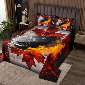 Erosebridal Комплект постельного белья Ice Hockey с канадским флагом для зимних видов спорта, Black Orange Red
