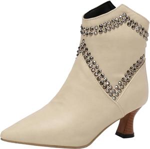 Женские укороченные ботильоны с острым носком, стразами и молнией XIEPP, Beige