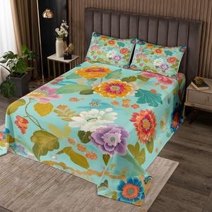 Erosebridal Винтажный цветочный комплект постельного белья Boho Flower Farmhouse с эстетичным дизайном в стиле коттедж, Green Teal