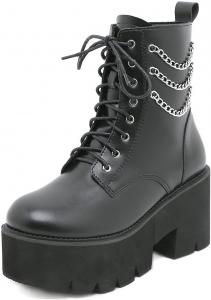 GooMaShoes Женские черные ботильоны на массивном каблуке в готическом стиле, готические эмо ботинки на высоком каблуке, панк-рейв обувь на платформе с шнуровкой