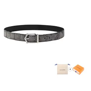 LOUIS VUITTON Мужской ремень из коровьей кожи серо-черный шириной 3 см, Gray/Black