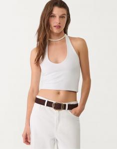 Укороченный топ Stradivarius с завязками на шее белого цвета