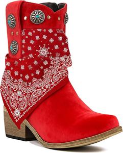 Женские ковбойские сапоги Yolkomo, короткие с вышивкой в западном стиле, с бирюзовыми банданами