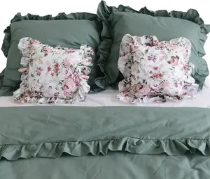 Комплект постельного белья из хлопка с оборками, пододеяльник 200x200 см + 4 наволочки, цвет: бохо-зеленый, ретро-цветочный EDANTI