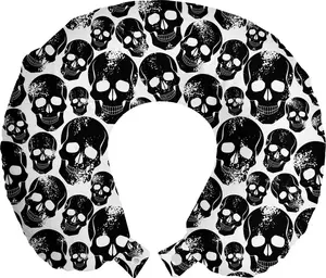 Подушка для шеи ABAKUHAUS Gothic Travel Pillow, грязно-черный череп, дорожный аксессуар из пеноматериала для самолета и автомобиля, 30x30 см, цвет белый/черный Abakuhaus