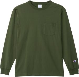 Мужская футболка с длинным рукавом Champion C3-W401Z, круглый вырез, 100% хлопок, карман, базовая модель, зеленый