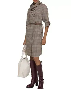 Шерстяное платье в клетку с воротником-шарфом Burberry, бежевый