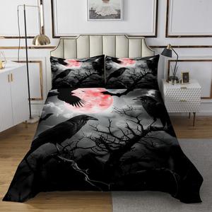 Erosebridal Комплект постельного белья Black Halloween с принтом воронов и красной луны в стиле рустик, Red Black White