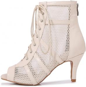 Женские модные сетчатые джазовые ботинки JXUZY, короткие латинские танцевальные туфли с открытым носком и шнуровкой, римские ботильоны Generic, Beige/7.5Cm Heel