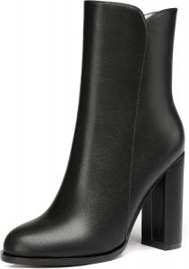 Женские короткие ботильоны WAYDERNS с матовой кожей, круглым носком, молнией, на высоком каблуке-блоке, 4 дюйма, Black