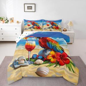 Erosebridal Комплект постельного белья Hawaii Beach с попугаями и морскими ракушками в акварельном стиле, Yellow Red Green
