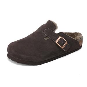 Jeep Биркеншток закрытые тапочки с пробковой подошвой унисекс тёмно-коричневые с серым мехом, цвет Dark Brown (Fleece-Lined) Gray Fur