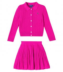 Комплект из хлопкового кардигана и юбки с косичной вязкой Polo Ralph Lauren Kids, Preppy Pink