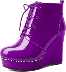 Женские ботильоны Eldof Wedge с круглым носком, шнуровкой и бисером, высокие на каблуке 4 дюйма, из лакированной кожи, Purple