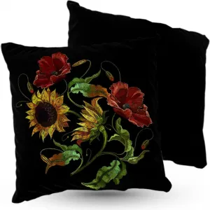 Подушка велюровая ПРЕМИУМ с полевыми цветами - подсолнухами и маками, 40 х 40 см, декоративная с наполнителем, для гостиной, спальни или в подарок 5made