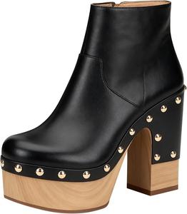 Женские деревянные ботильоны FSJ на массивном каблуке, с платформой, круглым носком, заклепками, боковой молнией, повседневные и нарядные, размеры 4-16 США, Black
