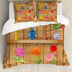 Пододеяльник ABAKUHAUS Нарцисс, мультяшные цветы в вазе, защита от клещей, подходит для аллергиков, с наволочками, 200 см x 200 см - 80 x 80 см, разноцветный