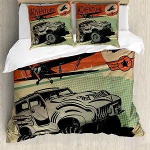 Пододеяльник ABAKUHAUS Adventure, прочные машины и самолеты, с защитой от клещей, подходит для аллергиков, с наволочками, 200 см x 200 см - 80 x 80 см, бежево-оранжевый, зеленый