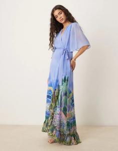 Платье-халат макси Hope & Ivy The Nadia с рукавами-крылышками в цвете «живописно-голубой»
