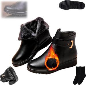 Женские ботинки с металлической пряжкой из натуральной кожи с шерстяной подкладкой, ортопедические, зимние теплые, с противоскользящей подошвой, боковой молнией и водонепроницаемые No Brand, Black Cotton 10