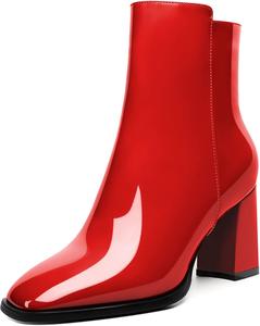 Женские стильные ботильоны AUMOTED с массивным каблуком, закрытым квадратным носком и боковой молнией, короткие ботинки, каблук 3,4 дюйма, Patent Red