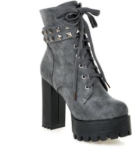 FufoneUS Модные черные кожаные ботильоны на платформе с круглым закрытым носком, толстым высоким каблуком и заклепками