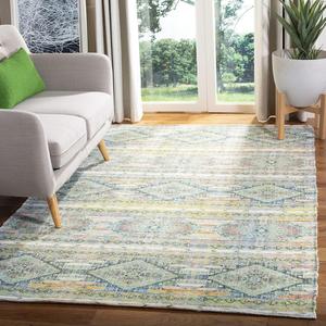 Ковер SAFAVIEH, 275 x 366 см, Saffron Collection, Cream & Blue, ручной работы, бохо-шик, потертый хлопок, идеально подходит для помещений с высокой проходимостью в гостиной, спальне (SFN567A)