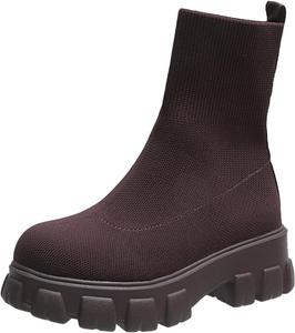 Женские трикотажные ботинки с эластичным верхом, модные ботинки на платформе, слипоны, ботильоны на массивном каблуке с противоскользящей подошвой, челси Generic, Brown