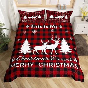 Erosebridal Комплект постельного белья с новогодним принтом оленей в красно-черную клетку, ультрамягкий материал, Color 05