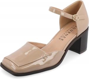 Туфли Journee Collection для женщин с ремешком и пряжкой, открытым квадратным носком, массивным каблуком и подошвой с комфортной пеной Evangeline, Patent/Taupe