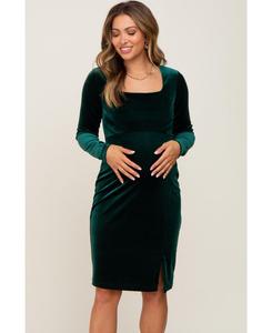Платье для беременных из бордового бархата с длинными рукавами и боковым разрезом Pinkblush, Forest green