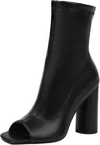 Женские эластичные ботильоны Parisuit с открытым носком и массивным высоким каблуком, Black Pu