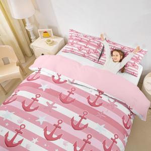 Erosebridal Комплект постельного белья Pink Anchor с морским принтом якорей и звезд в розово-белую полоску, Pink White