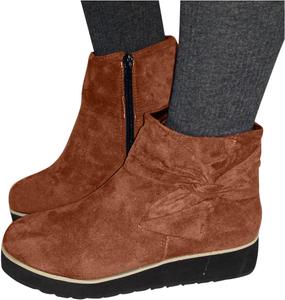 Женские замшевые ботильоны на танкетке ZBYY с круглым носком, бантом, устойчивым каблуком, платформой и боковой молнией, зимние туфли, Brown