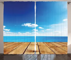 Штора ABAKUHAUS в морском стиле, морской пейзаж, облачный пляж, спальня, присборенная тесьма с петлями и крючками, 280 x 175 см, цвет: коричневый, белый, синий Abakuhaus