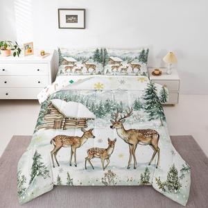 Erosebridal Комплект постельного белья Christmas Cabin Deer с лесным принтом из сосен и оленей, зимний утепленный набор с двумя наволочками, White and Green