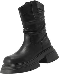 Модные женские ботинки с толстой подошвой и массивным каблуком, дышащие, с круглым носком, дождевые ботинки на широкую икру Generic, Black