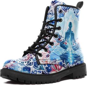 Женские бохо кожаные ботинки в стиле милитари на шнуровке с мандалами, цветочными и абстрактными узорами для комфортной повседневной носки AWSOLE, Blue Black