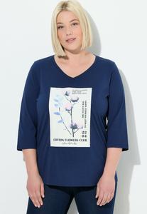 Топ Ulla Popken PLANT MOTIF, CLASSIC, V-NECK, 3/4 SLEEVE, Ink Blue/Blue