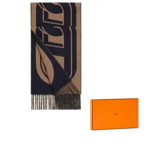 HERMES Кашемировый шарф мужской морской синий и светло-коричневый, Marine Blue/Light Umber