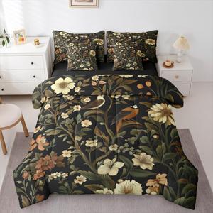 Erosebridal Комплект постельного белья Dark Floral с принтом птиц и цветов в стиле бохо, Brown Black
