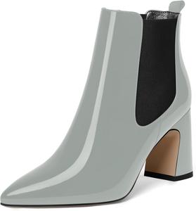 Женские повседневные деловые теплые ботильоны MODENCOCO с заостренным носком, лакированные, на эластичном блочном каблуке высотой 3,3 дюйма, Black Grey
