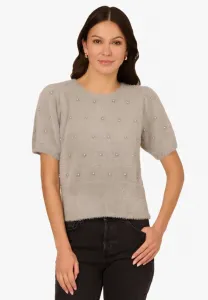Футболка с круглым вырезом, украшенная жемчугом, с короткими рукавами и пушистым принтом. Adrianna Papell, Heather Grey