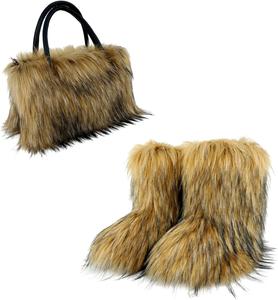 Женские зимние сапоги из искусственного меха, пушистые и теплые, противоскользящие, средней высоты, с низким каблуком, удобные с круглым носком, для улицы, комплект из 2 предметов: сапоги + мягкая плюшевая сумка для женщин Aflngle, Brown