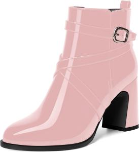 Женские ботильоны ROSERWISH из лакированной кожи для путешествий и активного отдыха с круглым носком, пряжкой, молнией, ремешком вокруг щиколотки и устойчивым каблуком 3,3 дюйма